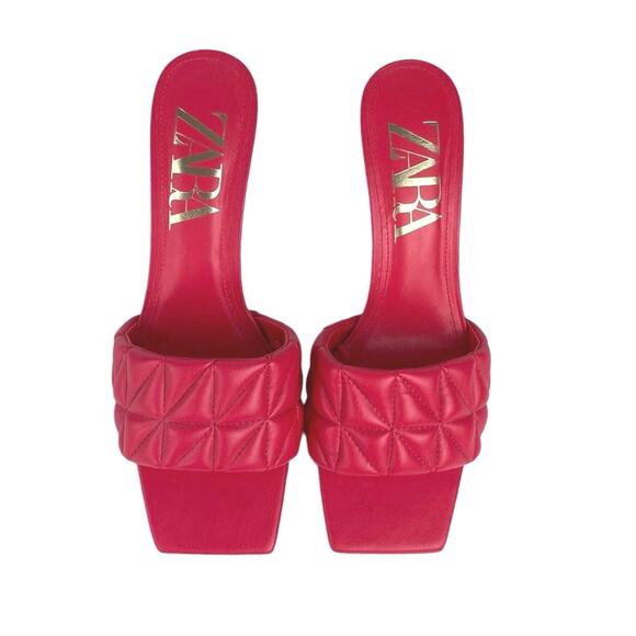 Zara Pink Leather Quilted Strap Square Toe Stiletto Slip On Heels Sandals Sz 7.5 - Picture 2 of 4